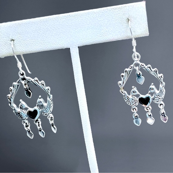 🌺 Vintage Sterling & Onyx Peacock Earrings - Picture 10 of 10